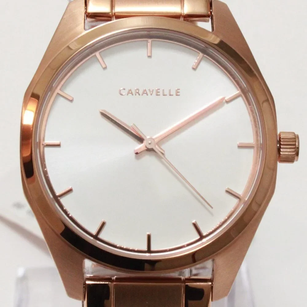 Caravelle Ladies Minimalist Watch By Bulova Rose Gold White Sun-ray Dial 36mm